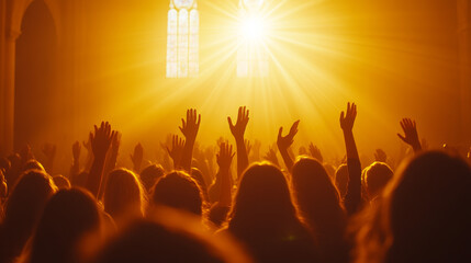 Fototapeta premium Silhouettes of People Raising Hands in Church