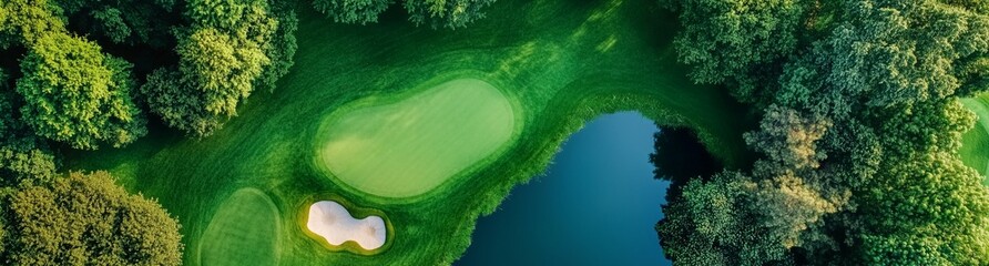 Panoramic top view from a drone. Beautiful green golf course beside the lake.