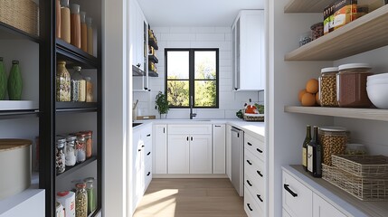 A neatly arranged pantry and shelving system in a white kitchen, emphasizing space optimization and stylish organization, with a clean, modern design and high-quality materials.