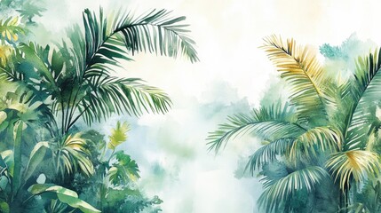 Vibrant Tropical Foliage: A Serene Watercolor Composition of Lush Greenery and Palm Leaves