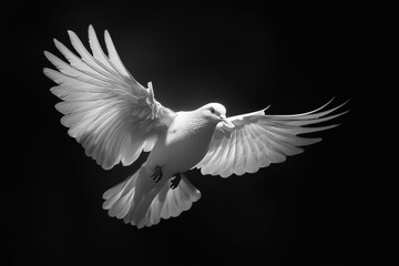 Fototapeta premium A stunning black and white image of a dove in mid-flight, with its wings fully spread against a dark background, symbolizing peace and freedom.