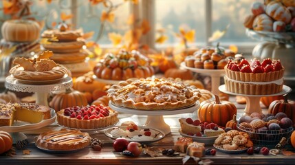 Naklejka premium Delicious assortment of autumn-themed pies and pastries on a festive table with pumpkins and fall decorations.