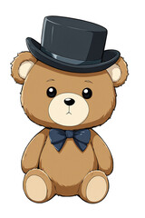 Naklejka premium Brown teddy bear in a top hat with a bow tie on transparent background