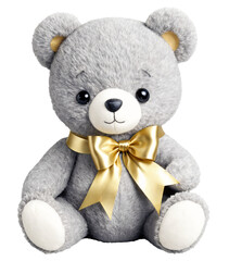 Grey teddy bear with golden bow  on transparent background
