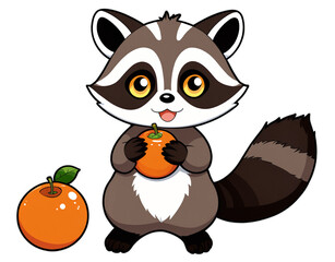 Cute raccoon holding an orange on transparent background