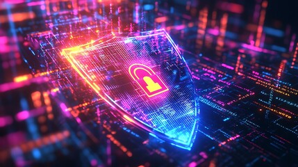 A digital shield representing cybersecurity on a dark background, featuring 3D rendering, high detail, and professional color grading, ideal for an online safety technology banner for websites or appl