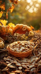 A basket full of pumpkin seeds surrounded by autumn harvest scene, featuring ripe pumpkins and warm sunlight. Perfect for seasonal themes.