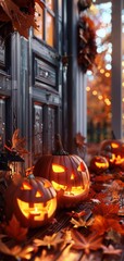 A festive Halloween porch with glowing jack-o'-lanterns and autumn leaves, creating a spooky yet cozy atmosphere.