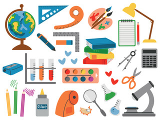Vector set of stationery for school, office. Colorful elements for chemistry, geometry, painting