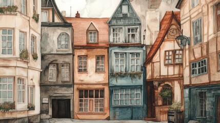 Obraz premium Enchanting Watercolor Depiction of Charming Historic Buildings in a Picturesque European Town