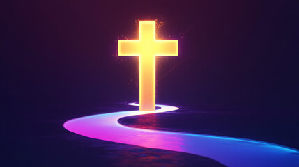 Fototapeta premium Icon of a big golden glowing cross, and a curved path leading to its base.