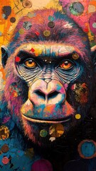 Playful, Textured pattern, a gorilla with lively patterns and textures, creating an engaging visual with vibrant colors and dynamic elements.