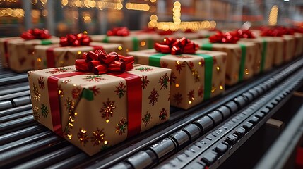 A close-up of neatly arranged holiday gift boxes on a conveyor belt, wrapped in colorful, festive packaging with red, green, and gold accents, set against a softly lit warehouse background with bokeh 