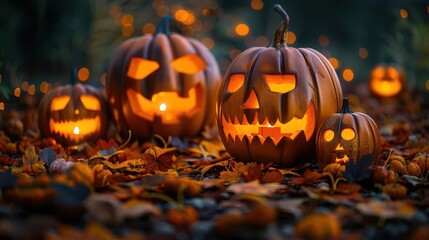 Fototapeta premium Spooky Halloween pumpkins glowing in the dark, surrounded by autumn leaves, creating a perfect fall festive atmosphere.