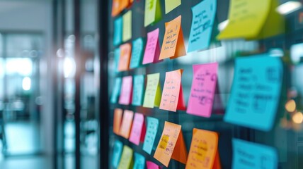 Colorful sticky notes on a glass wall for brainstorming session
