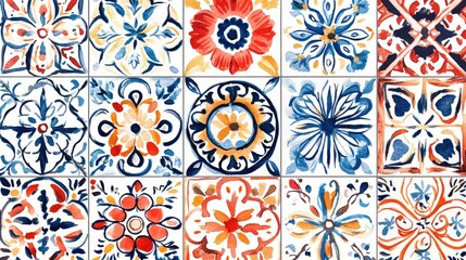 Vibrant Hand-Painted Tiles Showcasing Traditional Floral and Geometric Patterns