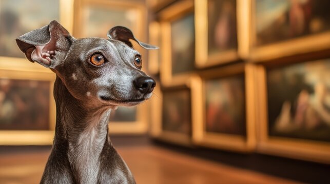 A dog in an art gallery, highlighting a blend of culture and companionship.