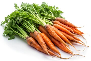 Freshly Harvested Organic Carrots with Greens on White Background