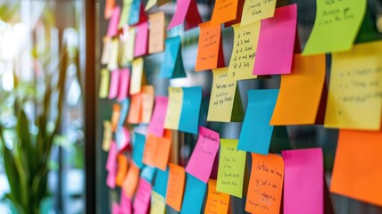 Fototapeta premium Colorful sticky notes on a glass wall for brainstorming session