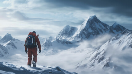 an explorer braving the harsh Arctic environment with snow-covered mountains in the background, symbolizing the challenges and rewards of winter adventures