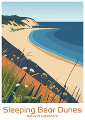 Sleeping Bear Dunes National Lakeshore Poster Illustration Travel Print Decor Gift Paper Canvas Wall Retro Art