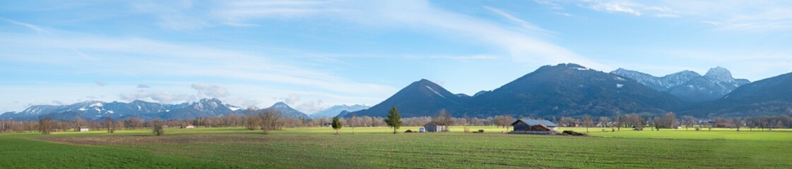 landscape panorama Bad Feilnbach, rural fields and alps view