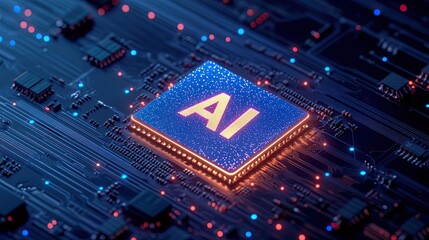 Obraz premium A glowing 3D AI icon in various colors, placed centrally on a circuit board, with a black backdrop. The 
