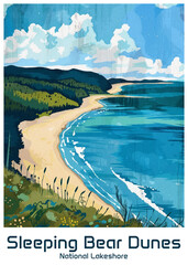 Sleeping Bear Dunes National Lakeshore Poster Illustration Travel Print Decor Gift Paper Canvas Wall Retro Art