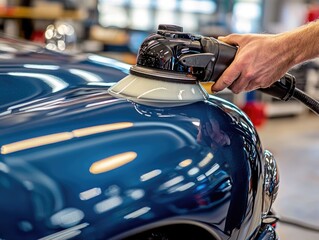 Professional car detailer using polishing machine on blue classic car - Powered by Adobe