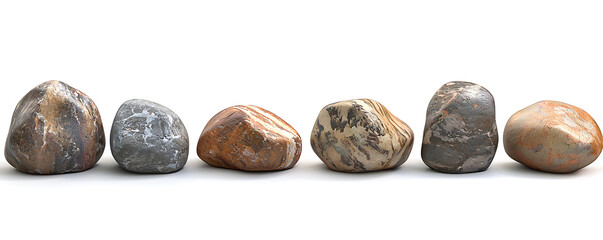  a collection of various natural stones in different sizes, colors, and textures, neatly arranged on a white background