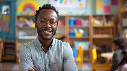 Fototapeta premium A dark skin kindergarten male teacher in a bright and cheerful classroom. Generative AI.