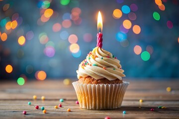 Colorful bokeh background with delicious cupcake and one lit candle