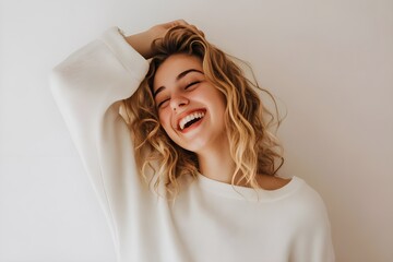 Naklejka premium Cute Charming Beautiful Girl Wearing White Sweatshirt with Flowing Blonde Hair Isolated On White Background