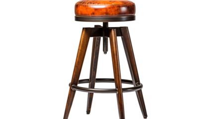 vintage industrial bar stool with leather seat, studio view, isolated on transparent background.