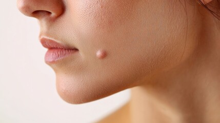 Obraz premium Close-up of a Woman's Jawline with a Small Mole, Featuring Smooth Skin and a Subtle Pink Hue