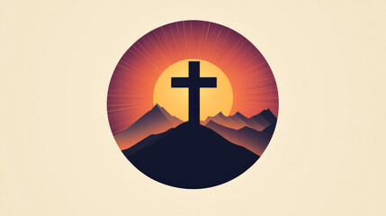 Obraz premium 2d circular logo of a big cross that fades into a hill, sun rays emerge form the background