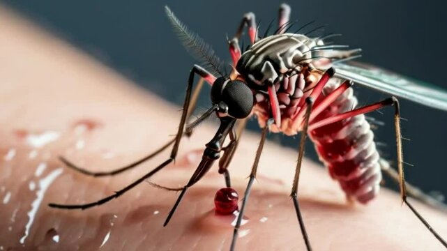 Close-Up View of Mosquitoes Feeding on Human Skin: Bloodsucking Behavior and Bites on the Arm