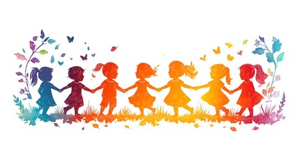 Obraz premium Papercut illustration of children holding hands in various colors, with a minimal white background.