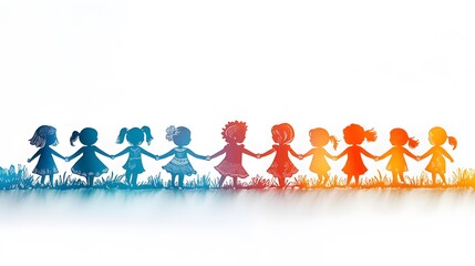 Papercut-style illustration of a diverse group of children holding hands, with a white background.