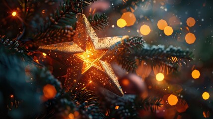 Close-up of a glowing Christmas star ornament on a decorated Christmas tree branch with festive bokeh lights in the background.