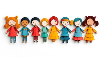 Fototapeta premium Bright papercut illustration of diverse children holding hands, featuring a plain white background.