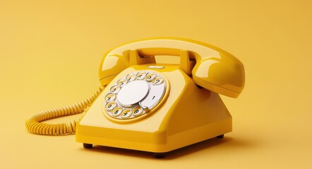 Vintage yellow telephone with rotary dial on a vibrant matching background, showcasing classic retro technology and nostalgic charm