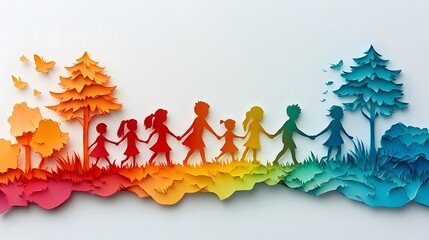Colorful papercut effect of a diverse group of children holding hands, with a stark white backdrop.