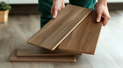Hands Holding Samples of Wooden Flooring in an Indoor Setting