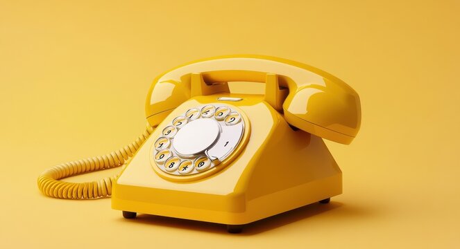 Vintage yellow telephone with rotary dial on a vibrant matching background, showcasing classic retro technology and nostalgic charm