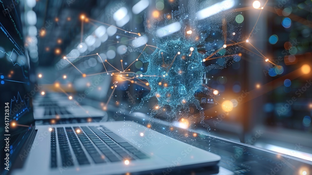 Poster A laptop and a PC both super modern controlled by a neuron chip. The neuron network and the chip are supposed to represent a super AI. Generative AI.