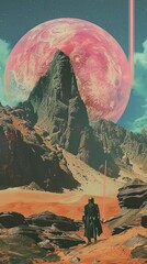 A lone figure walks on a desert planet under a pink alien moon.