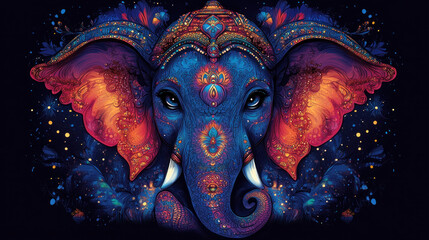 Obraz premium Illustrations of Ganesha with vibrant, bold colors, often used for greeting cards or festive banners.