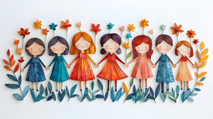 Fototapeta premium Papercut-style illustration of a varied group of children holding hands, set against a white background.