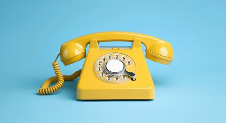 Vintage yellow rotary telephone on blue background conveying nostalgia and retro vibes in a minimalist style
